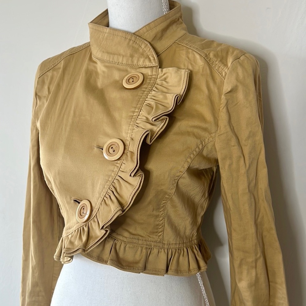 Khaki Ruffle Cropped Jacket - Picture 2 of 9
